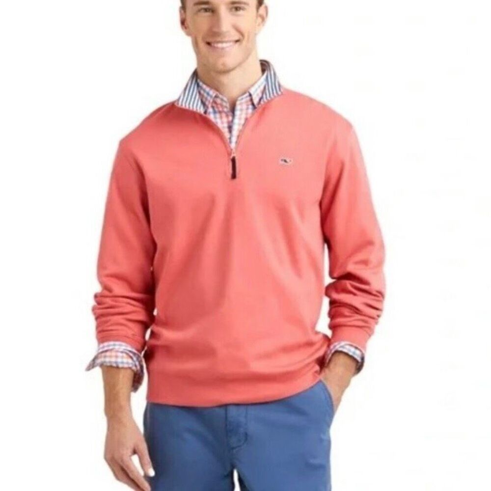 Vineyard Vines Men's Large Saltwater Quarter-Zip Pullover Sweater - Coral Pink/R